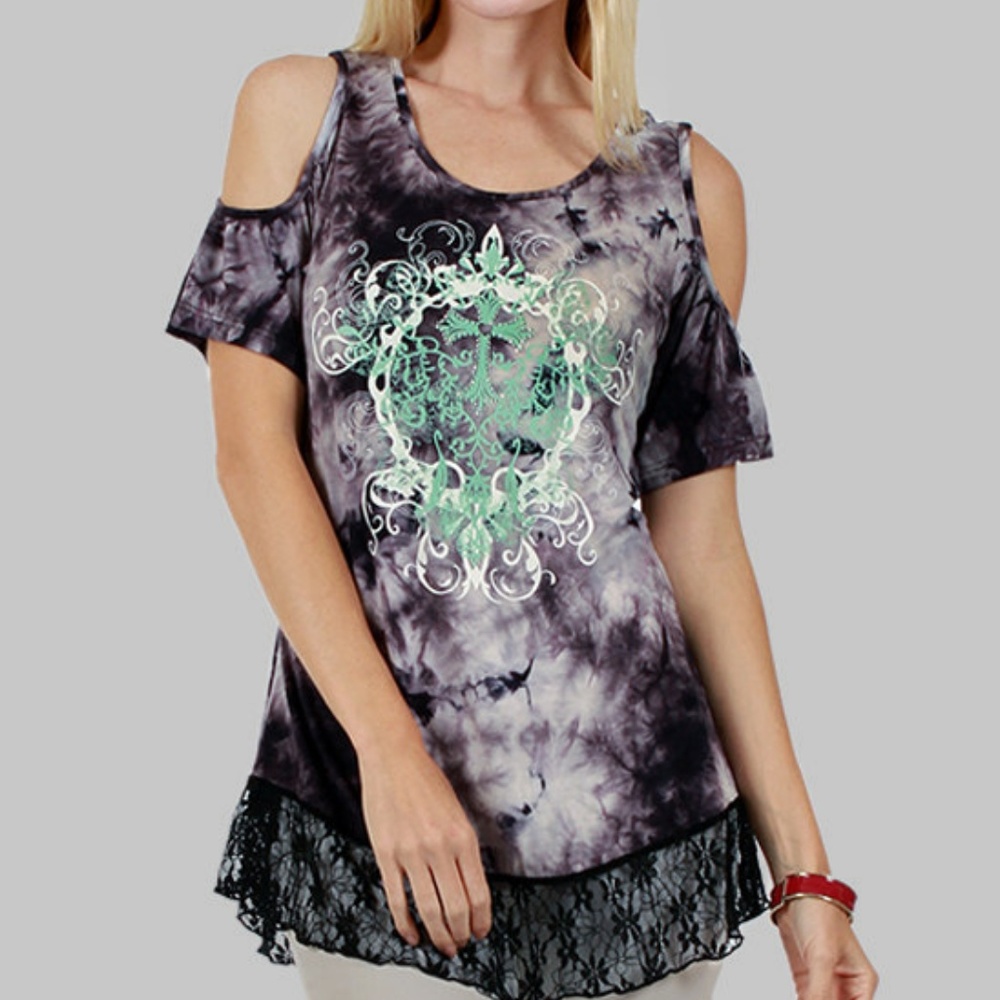Tie-Dye Paisley Cold Shoulder Tunic Scull Cross